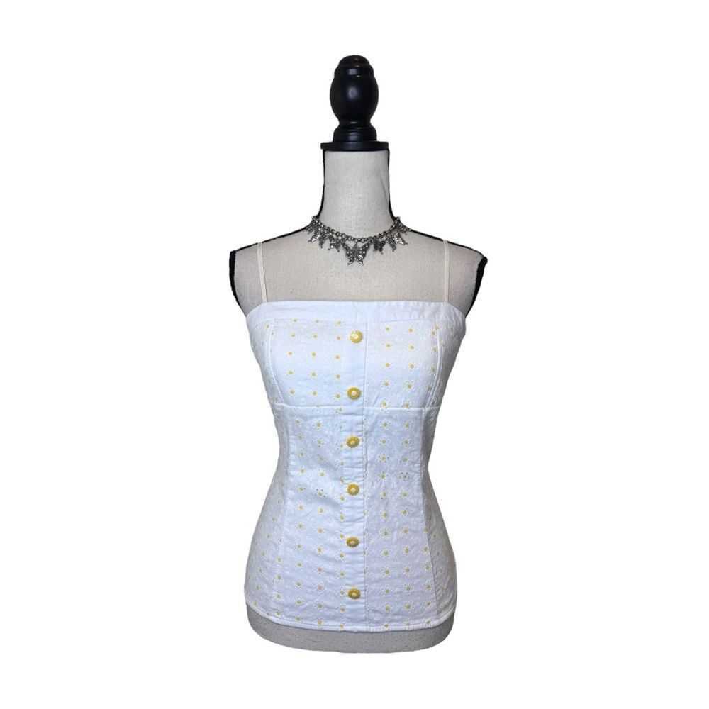 Y2K Trixxi White + Yellow Eyelet Flower Button Cami Corset Size Large